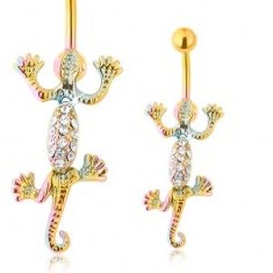 Šperky eshop - Oceľový piercing do brucha, pohyblivá jašterica v dúhových farbách, číre zirkóny SP29.30