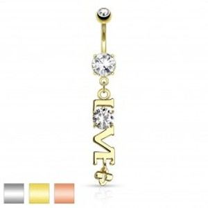 Šperky eshop - Oceľový piercing do brucha, prívesok - nápis LOVE s čírym zirkónom R47.11/12 - Farba piercing: Strieborná