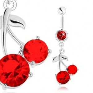Šperky eshop - Oceľový piercing do brucha, strieborný odtieň, červené čerešne, lesklé lístky SP24.16