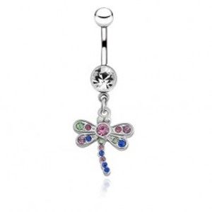 Šperky eshop - Oceľový piercing do bruška - vážka, farebné zirkóny AC5.11