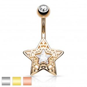 Šperky eshop - Oceľový piercing do bruška - vyrezávaná hviezdička s ligotavým zirkónom uprostred R02.08 - Farba piercing: Medená
