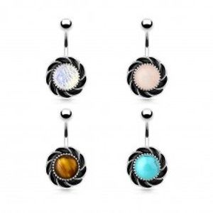 Šperky eshop - Oceľový piercing do bruška, kvet s čiernymi lupeňmi a okrúhlym stredom G17.02 - Farba piercing: Modrá