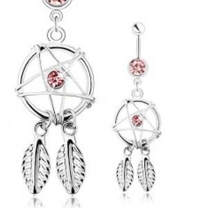 Šperky eshop - Oceľový piercing do bruška, lapač snov s pierkami a ružovým zirkónom SP33.10