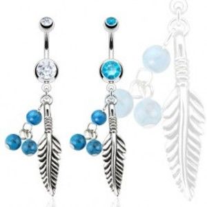 Šperky eshop - Oceľový piercing do bruška, pierko a tri tyrkysové guličky U17.12/14 - Farba zirkónu: Aqua modrá - Q