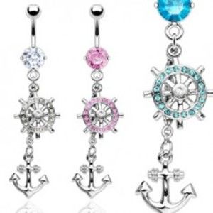 Šperky eshop - Oceľový piercing do bruška so zirkónmi, príveskom kotvy a kormidla AA14.08 - Farba zirkónu: Ružová - P