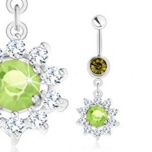 Šperky eshop - Oceľový piercing do bruška, strieborná farba, kvet - zelený zirkón, číre lupene S62.10