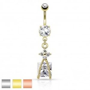 Šperky eshop - Oceľový piercing do bruška, trblietavý kvietok čírej farby, zirkónový štvorec R46.29/31 - Farba piercing: Zlatá - číra