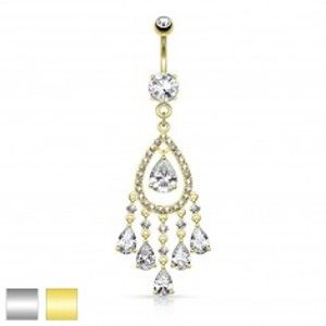 Šperky eshop - Oceľový piercing do bruška, veľký obrys kvapky z čírych zirkónov, slzičky R46.21 - Farba piercing: Zlatá
