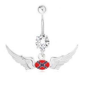 Šperky eshop - Oceľový piercing do bruška, zirkón, motív vlajky Konfederácie, krídla PC20.02