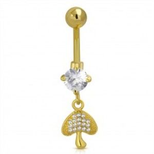 Šperky eshop - Oceľový piercing do bruška zlatej farby - hubka, trblietavé číre zirkóny W24.21