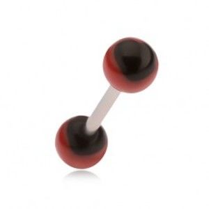 Šperky eshop - Oceľový piercing do jazyka, červené guličky s čiernymi srdciami PC14.29