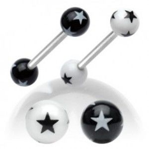 Oceľový piercing do jazyka, čierno-biele akrylové guličky s hviezdičkami - Farba piercing: Čierna - Biela
