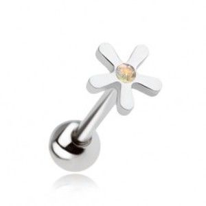 Šperky eshop - Oceľový piercing do jazyka, kvet s dúhovým kamienkom SP03.22