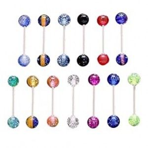 Šperky eshop - Oceľový piercing do jazyka, priehľadné akrylové guličky s konfetami PC13.22/28 - Farba piercing: Fialová