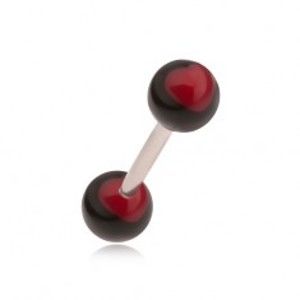Šperky eshop - Oceľový piercing do jazyka s čiernymi guličkami - tmavočervené srdcia SP09.25
