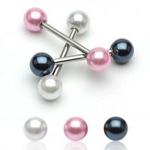 Šperky eshop - Oceľový piercing do jazyka s farebnými perleťovými guličkami SP09.09/11 - Farba piercing: Čierna