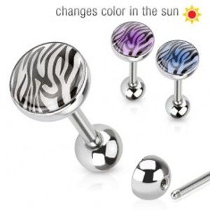 Šperky eshop - Oceľový piercing do jazyka, tigrovaná potlač meniaca farbu na slnku PC05.24/PC05.25 - Farba piercing: Fialová
