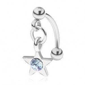 Šperky eshop - Oceľový piercing do obočia, päťcípa hviezdička, okrúhly modrý zirkónik PC25.40