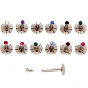 Šperky eshop - Oceľový piercing do pery s malou zirkónovou hlavičkou C32.9 - Dĺžka piercingu: 8 mm, Farba zirkónu: Dúhová - AB