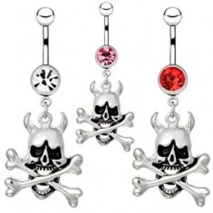 Šperky eshop - Oceľový piercing do pupka - lebka diabla s kosťami a zirkón AA17.05 - Farba zirkónu: Ružová - P