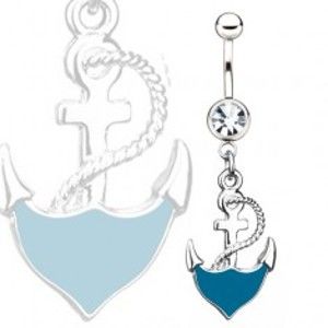 Šperky eshop - Oceľový piercing do pupka - modrá kotva s lanom, číry kamienok S74.04