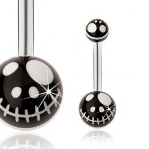 Šperky eshop - Oceľový piercing do pupka, čierne guličky - motív kreslenej lebky z rozprávky SP30.06