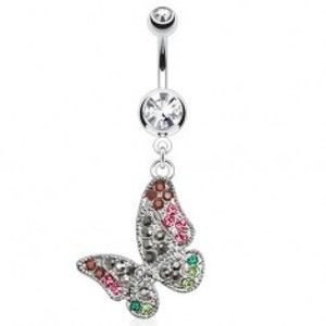 Šperky eshop - Oceľový piercing do pupka, číry kamienok, farebný zirkónový motýľ S50.01