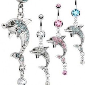 Šperky eshop - Oceľový piercing do pupka, strieborná farba, delfín, farebné zirkóny S86.02 - Farba zirkónu: Aqua modrá - Q