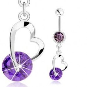 Šperky eshop - Oceľový piercing do pupka, strieborná farba, fialový zirkón, kontúra srdiečka S62.28