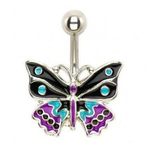 Šperky eshop - Oceľový piercing do pupka, trojfarebný glazúrovaný motýľ U17.17