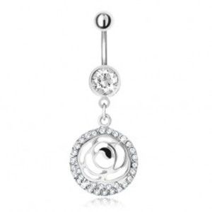 Šperky eshop - Oceľový piercing do pupka, zirkónový kruh a vyrezávaný kvet K5.6