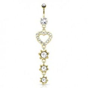 Šperky eshop - Oceľový piercing do pupka zlatej farby, obrys srdca s čírymi zirkónmi, visiace zirkóny SP63.16