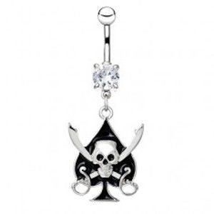 Šperky eshop - Oceľový piercing do pupku - čierna pika s lebkou a mečmi AA21.16