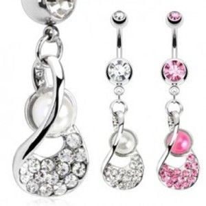 Šperky eshop - Oceľový piercing do pupku - lastúra s perlovou korálkou a zirkónmi AB18.20 - Farba zirkónu: Ružová - P