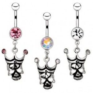 Šperky eshop - Oceľový piercing do pupku - lebka s korunou a zirkónmi AA22.05 - Farba zirkónu: Dúhová - AB