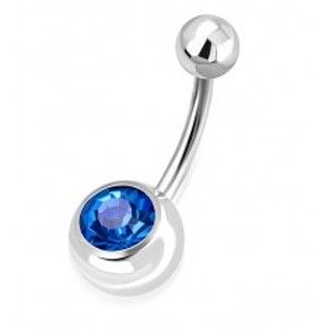 Šperky eshop - Oceľový piercing do pupku - lesklá guľôčka, gulička s ligotavým modrým zirkónom W24.10