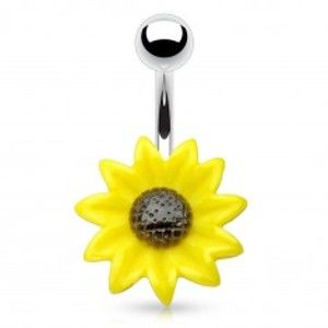 Oceľový piercing do pupku, akrylový žlto-čierny kvet slnečnice