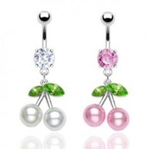 Šperky eshop - Oceľový piercing do pupku, farebné čerešne, perleťové guličky, zirkóny S78.17 - Farba piercing: Ružová