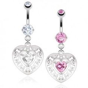 Šperky eshop - Oceľový piercing do pupku, obrys srdca s výrezmi, zirkónové srdiečko SP44.12 - Farba zirkónu: Ružová - P