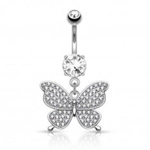 Šperky eshop - Oceľový piercing do pupku striebornej farby, ligotavý motýľ, číre zirkóny AA16.19