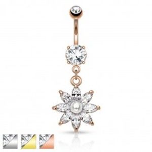 Šperky eshop - Oceľový piercing do pupku, trblietavý zirkónový kvet čírej farby, perlička R46.9 - Farba piercing: Medená - číra