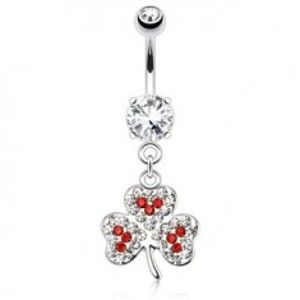 Šperky eshop - Oceľový piercing do pupku, trojlístok, číre a červené ligotavé kamienky SP43.08