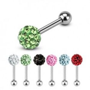 Šperky eshop - Oceľový piercing do tragusu, dve guličky, jedna zdobená farebnými zirkónmi SP36.10 - Farba zirkónu: Zelená - G