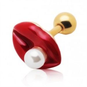 Šperky eshop - Oceľový piercing do tragusu zlatej farby, červené pery s bielou guličkou W08.24