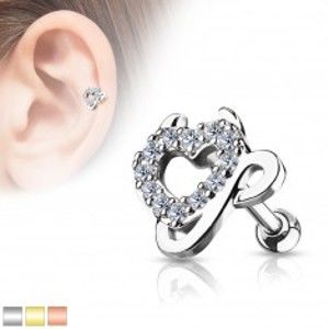 Šperky eshop - Oceľový piercing do ucha - srdce vykladané zirkónmi, čertove rožky a chvostík W19.23/25 - Farba piercing: Strieborná