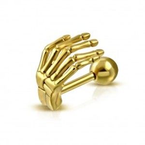 Šperky eshop - Oceľový piercing do ucha alebo obočia - kostra ruky v lesklom zlatom odtieni S31.03