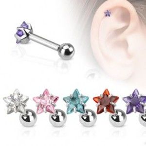 Šperky eshop - Oceľový piercing do ucha, farebná zirkónová hviezda M18.25 - Farba zirkónu: Číra - C