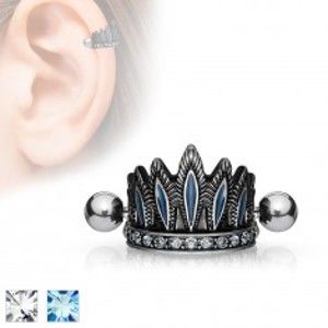Šperky eshop - Oceľový piercing do ucha, patinovaná čelenka, činka s guličkami W03.26/27 - Farba zirkónu: Aqua modrá - Q