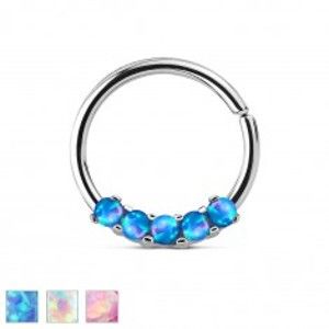 Oceľový piercing striebornej farby, lesklý krúžok so syntetickými opálmi - Farba piercing: Modrá