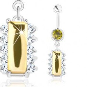 Šperky eshop - Oceľový piercing, strieborný odtieň, žltý zirkónový obdĺžnik, číre zirkóniky SP23.06